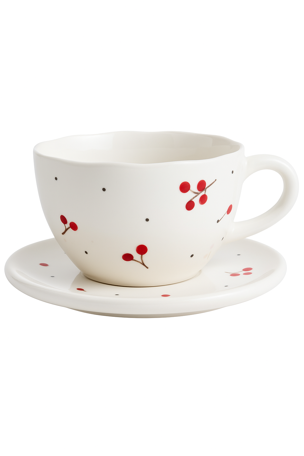 Service tasse cafe ceramique motif cerises avec soucoupe