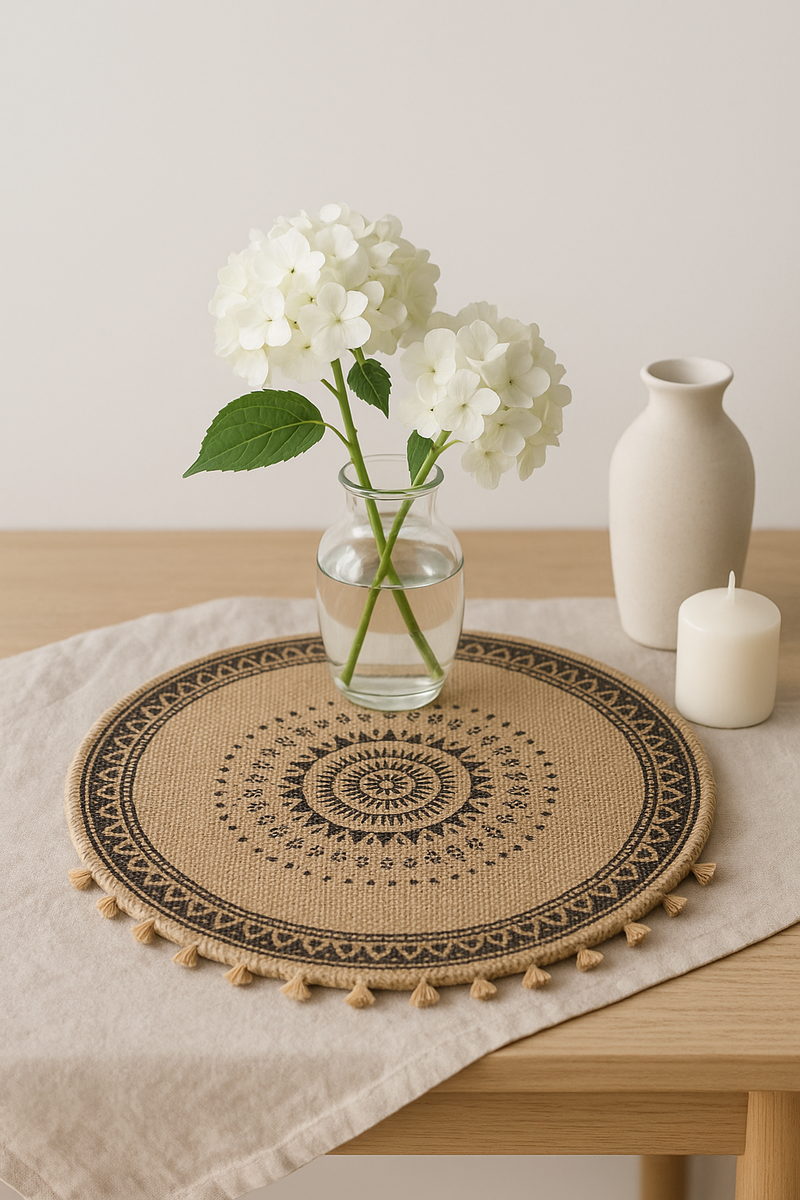Set de table rond champetre tisse pompons jute