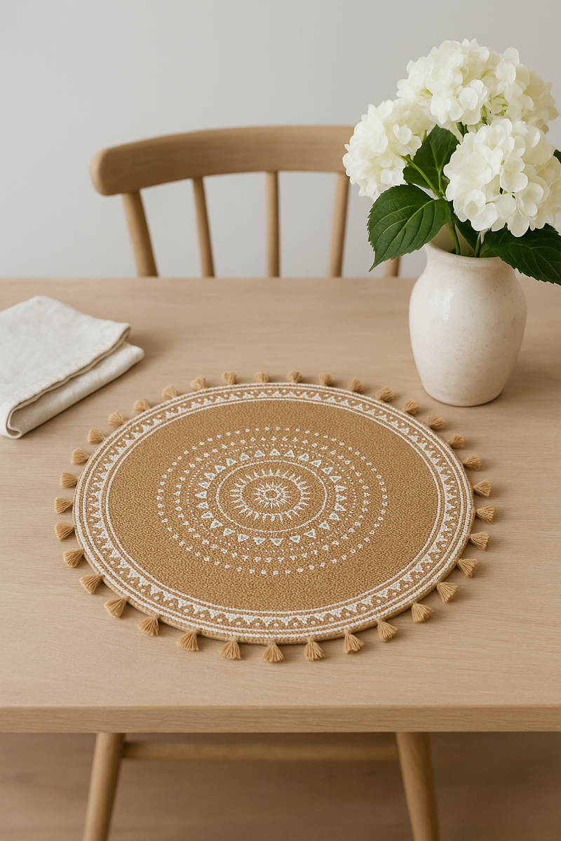 Set de table rond tressé style champêtre pompons jute
