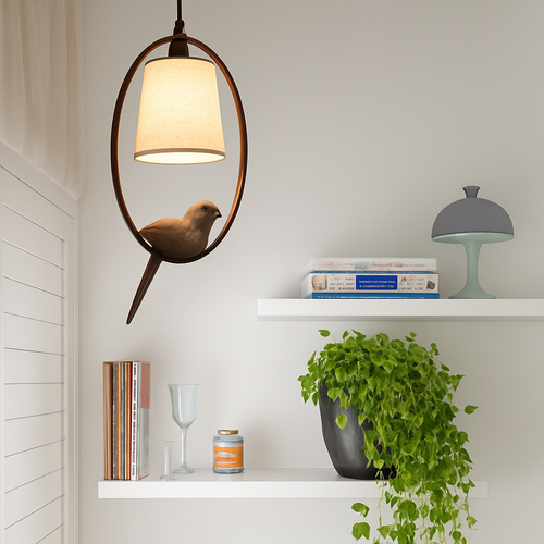 Suspension avec abat-jour et oiseau perché à LED