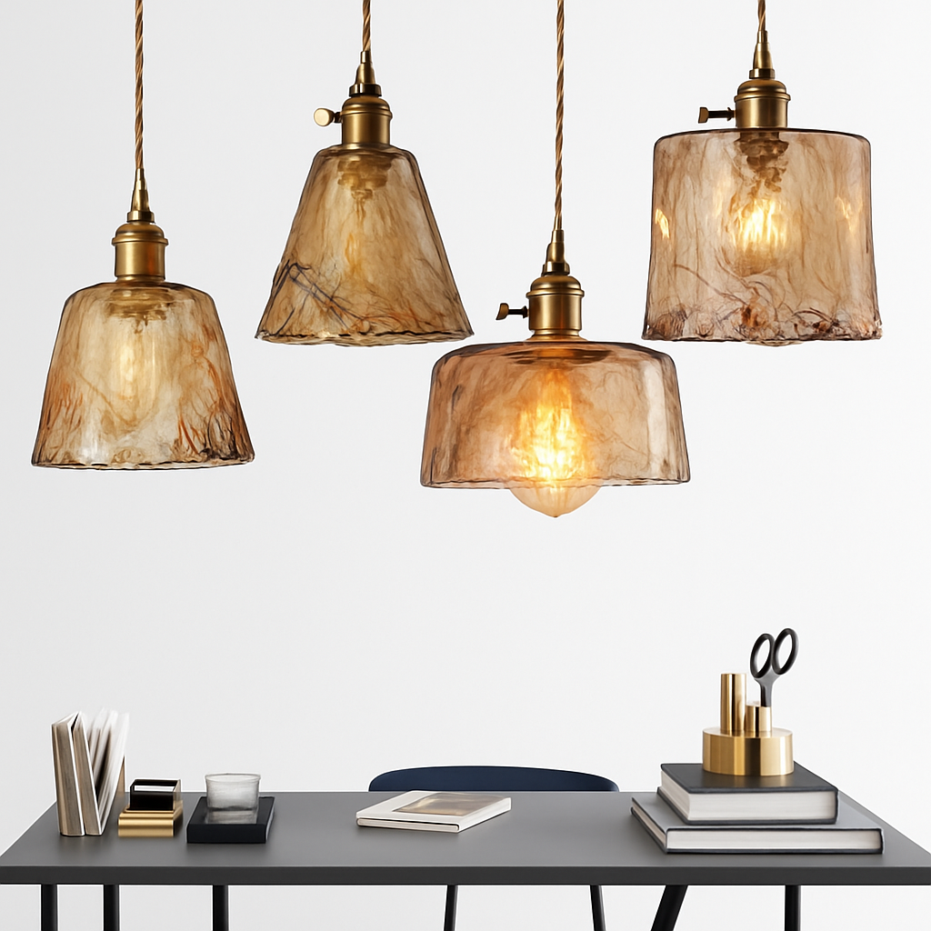 Suspension design à LED avec abat-jour en verre ambré Rétro - vue 3 sur 15