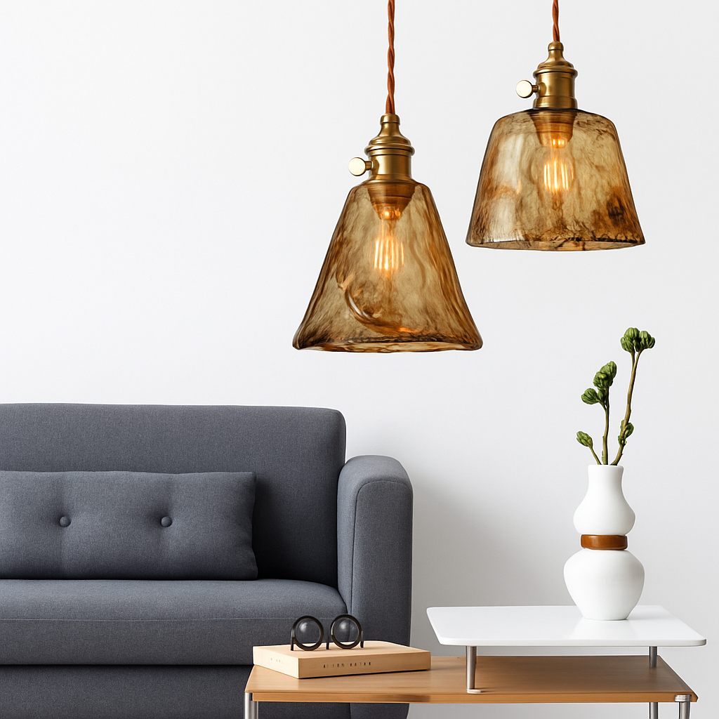 Suspension design à LED avec abat-jour en verre ambré Rétro - vue 4 sur 15