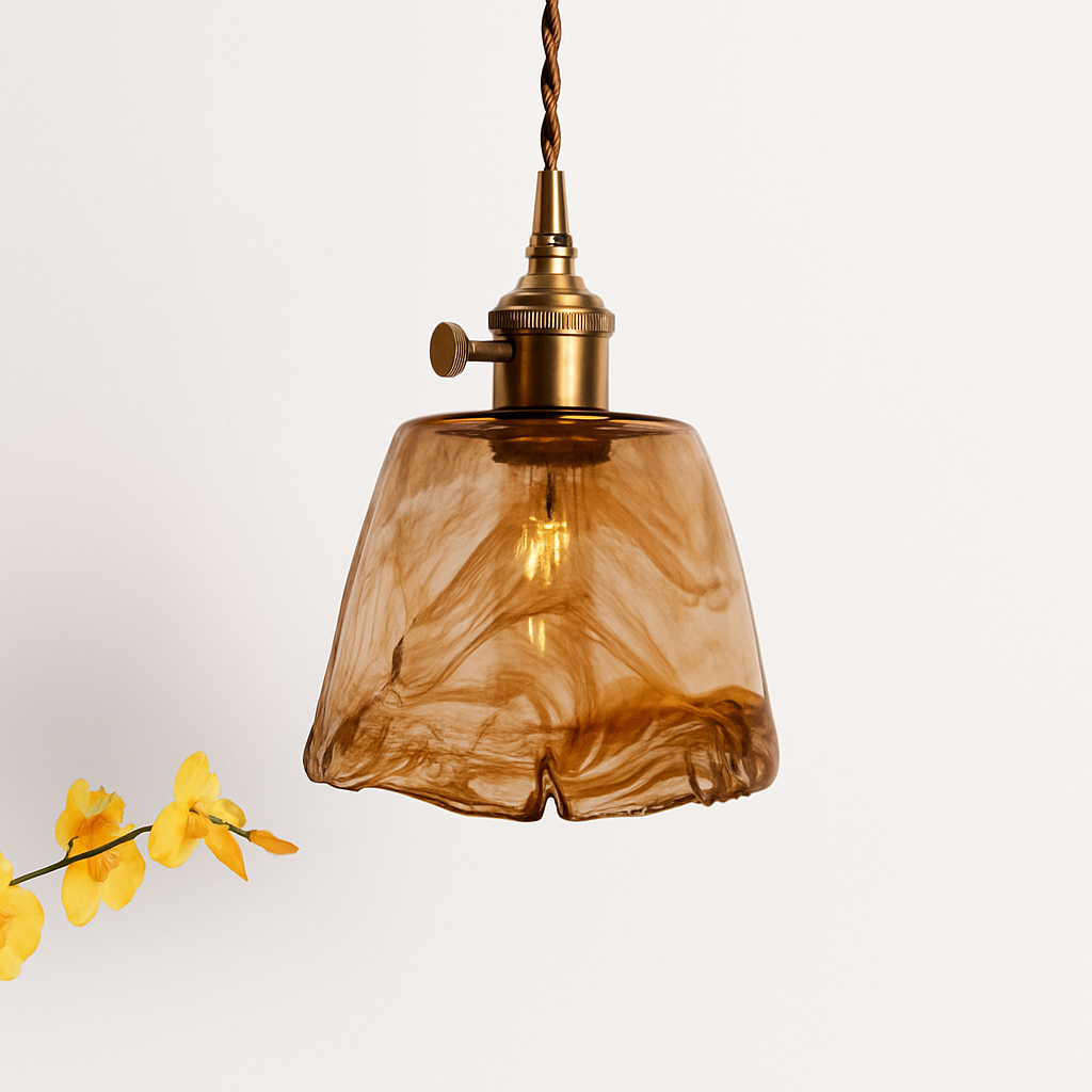 Suspension design à LED avec abat-jour en verre ambré Rétro - vue 9 sur 15