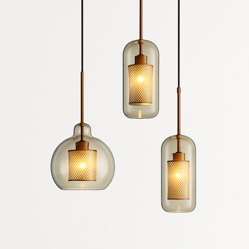Suspension design LED avec abat-jour industriel et boule en verre Loft
