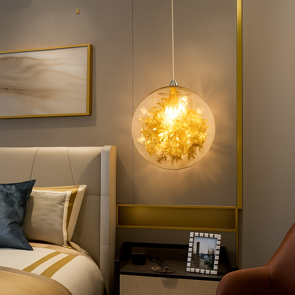 Suspension design LED boule en verre avec feuilles chromées intérieur - vue 4 sur 8