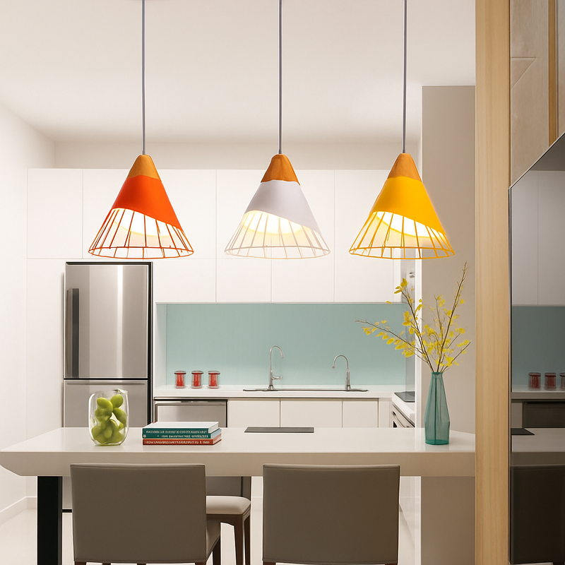 Suspension design LED en bois et cage de couleur