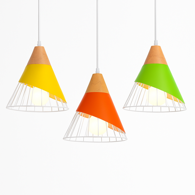 Suspension design LED en bois et cage de couleur