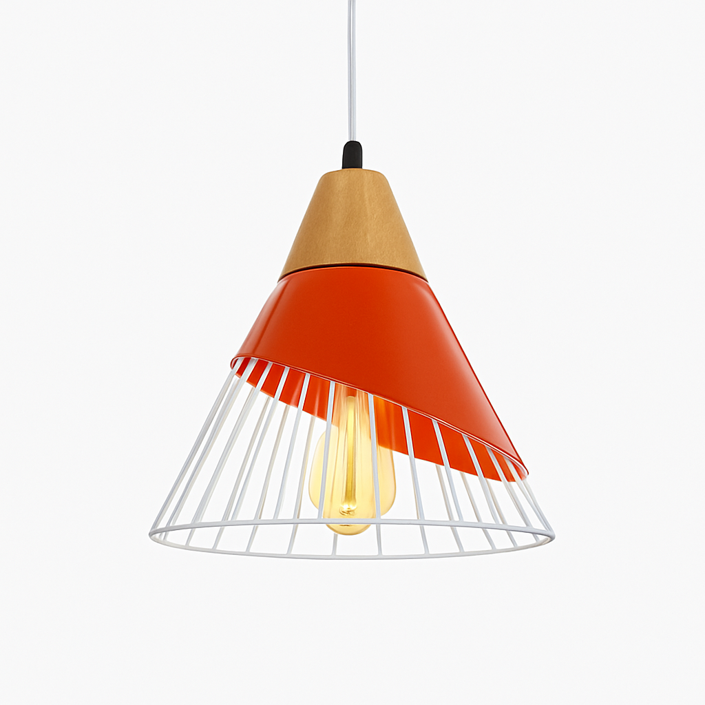 Suspension design LED en bois et cage de couleur - vue 6 sur 8