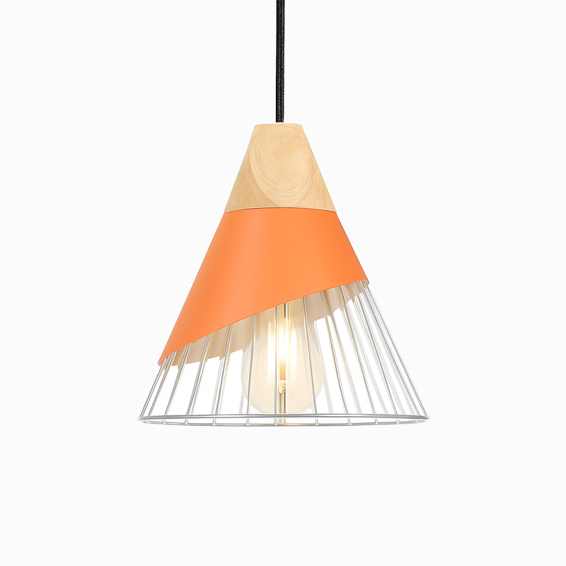 Suspension design LED en bois et cage de couleur