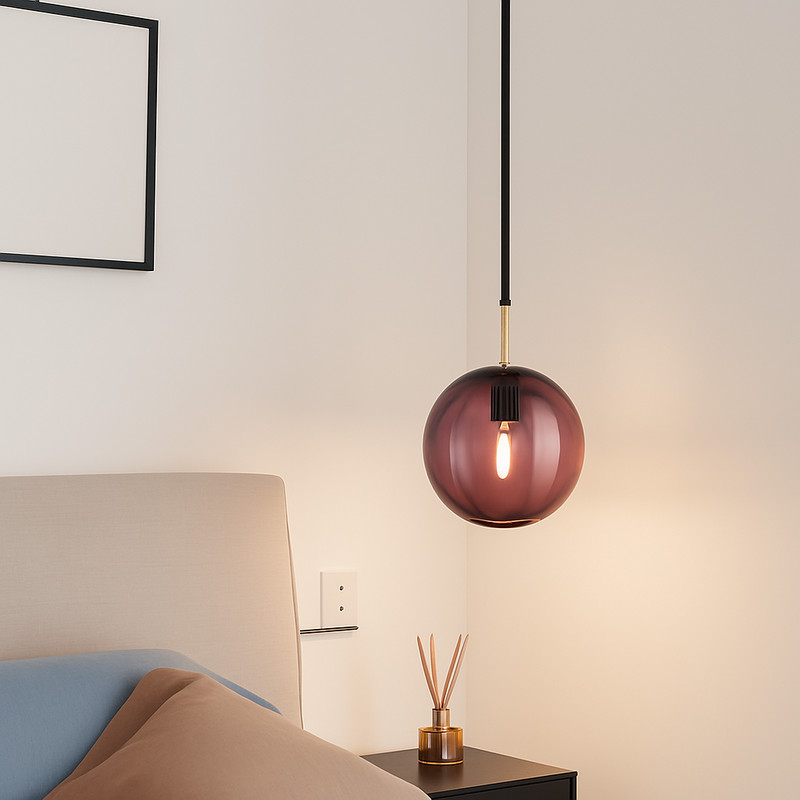 Suspension design à LED en boule de verre colorée