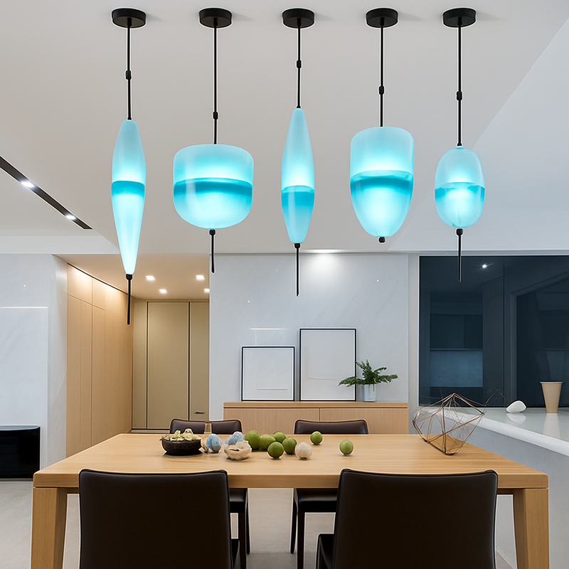 Suspension design LED en verre bleu de plusieurs formes