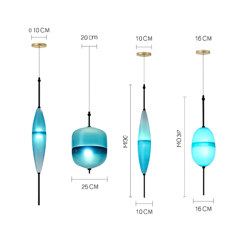 Suspension design LED en verre bleu de plusieurs formes