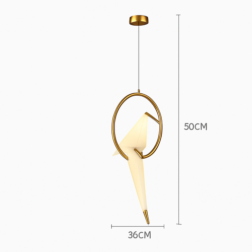 Suspension design LED oiseau dans cerceau doré