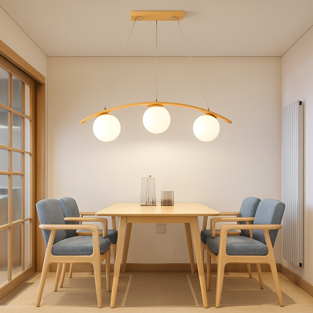 suspension en bois moderne avec boule de verre et éclairage led - vue 2 sur 8