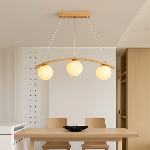 suspension en bois moderne avec boule de verre et éclairage led