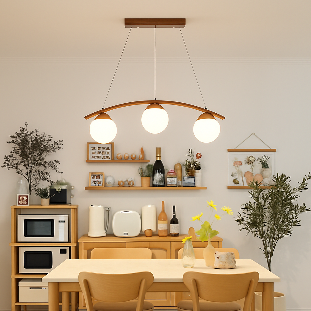 suspension en bois moderne avec boule de verre et éclairage led - vue 4 sur 8