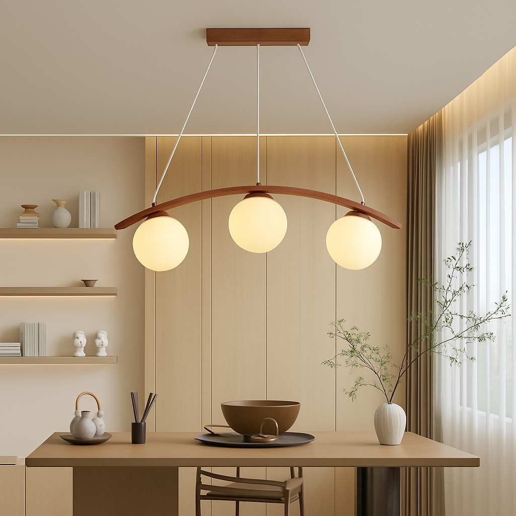 suspension en bois moderne avec boule de verre et éclairage led - vue 5 sur 8
