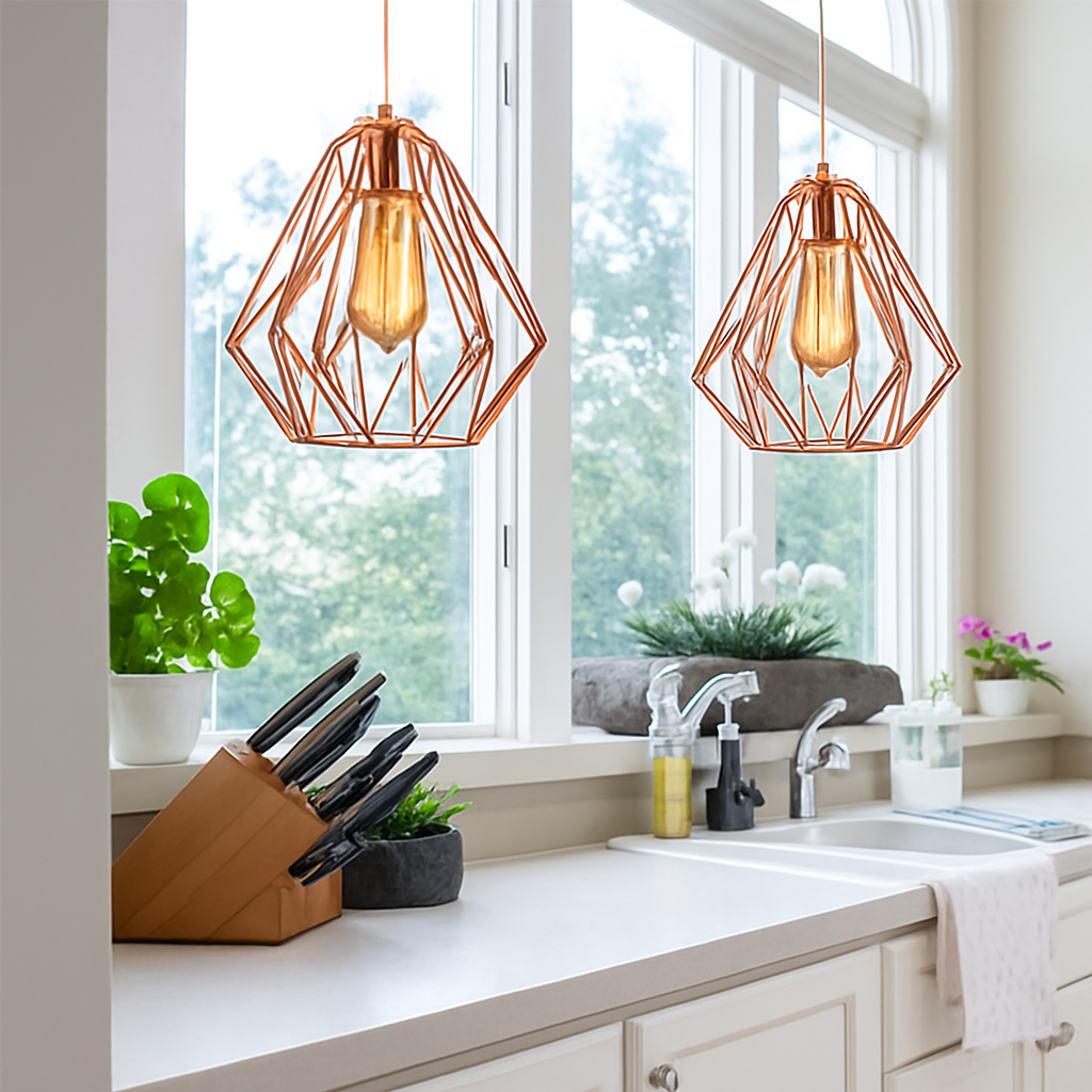 Suspension lampara de techo colgante éclairage suspendu moderne Cage en fer Loft cuisine salon suspension E27 or Rose - vue 6 sur 27
