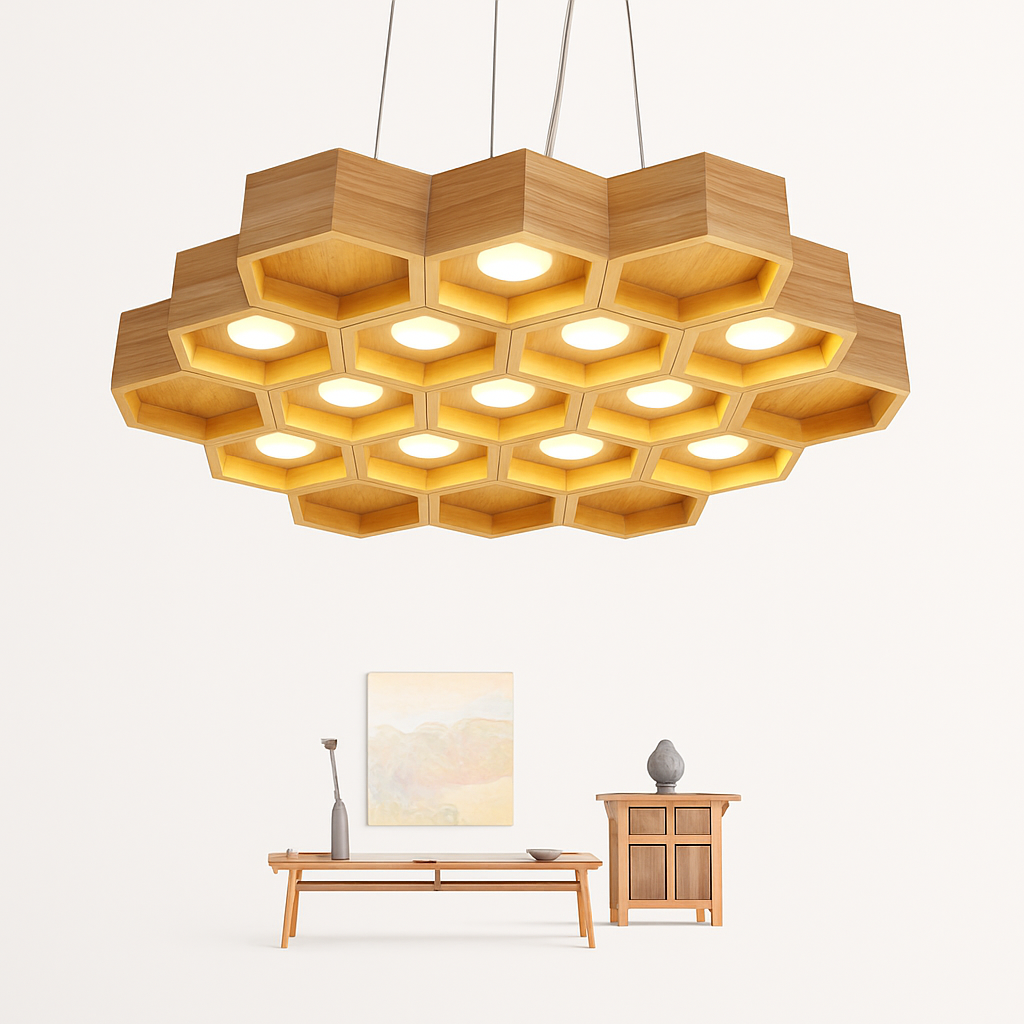 suspension LED en bois en forme de nid d'abeille créative et minimaliste