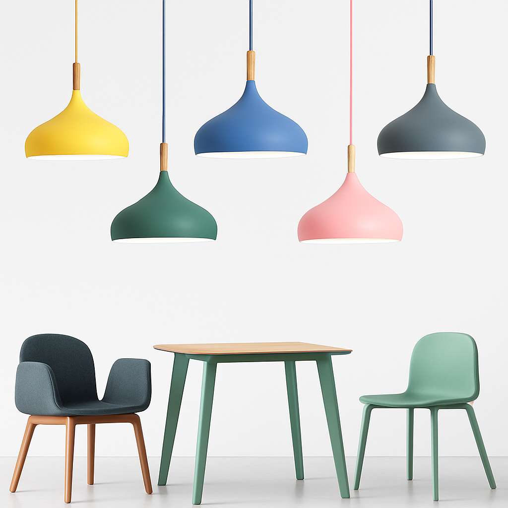 Suspension LED en métal coloré et baton en bois Nordic - vue 3 sur 29