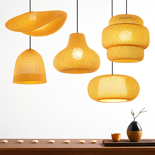 Suspension LED en rotin fait à la main rond chapeau de paille en bambou pastorale Vintage