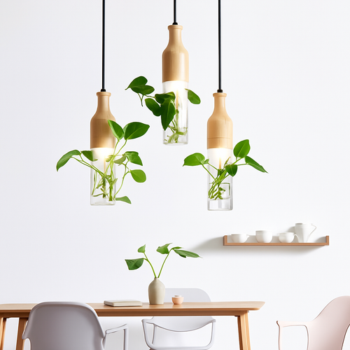 suspension led industrielle en bois et verre pour plantes