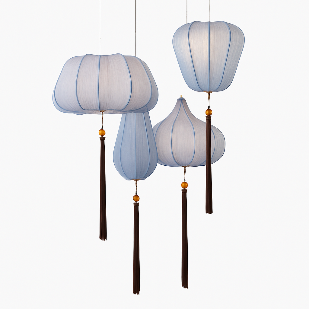 Suspension LED style chinois en tissu - vue 2 sur 18