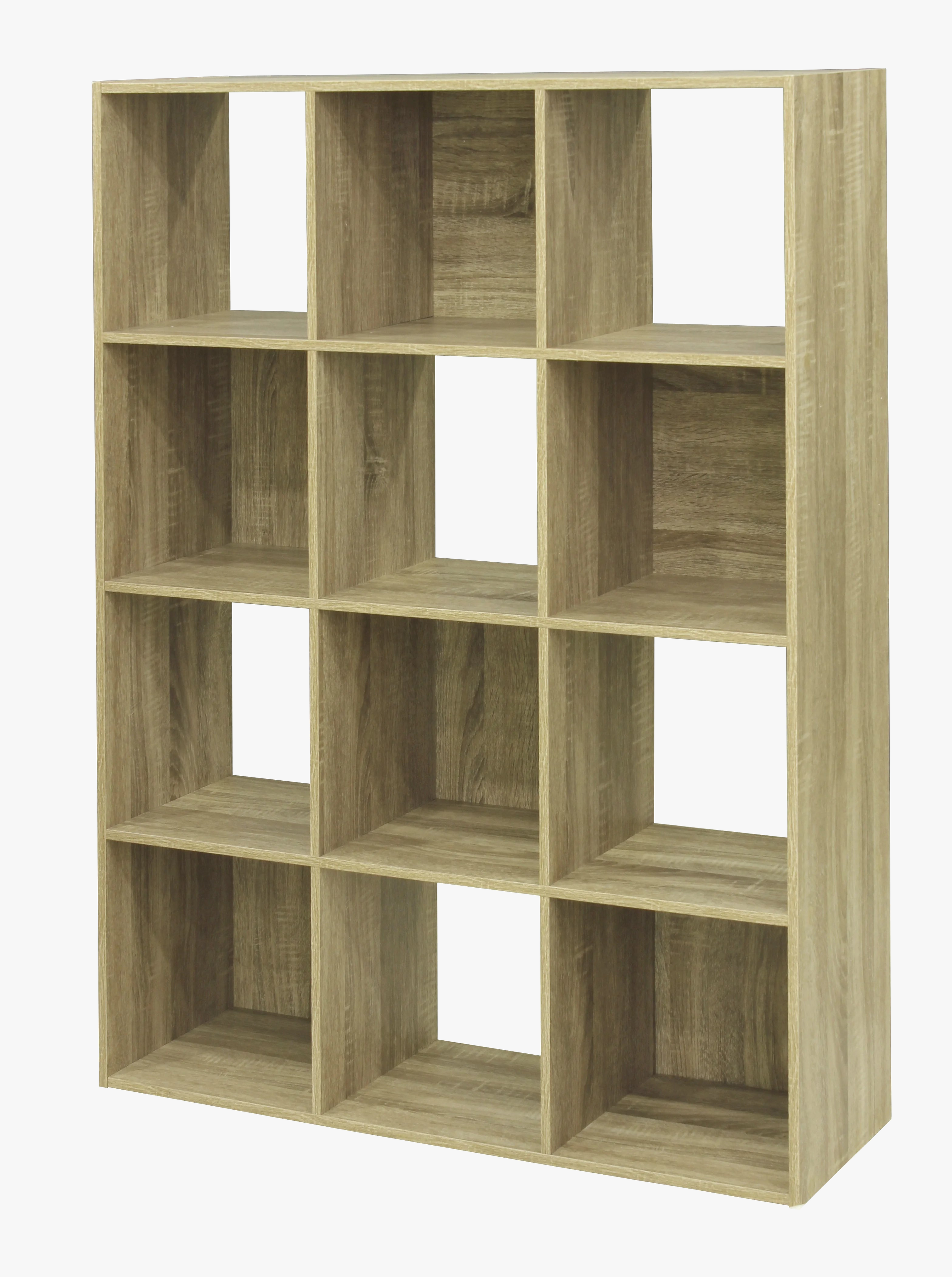 étagère ouverte en bois avec 12 cubes de rangement en chêne