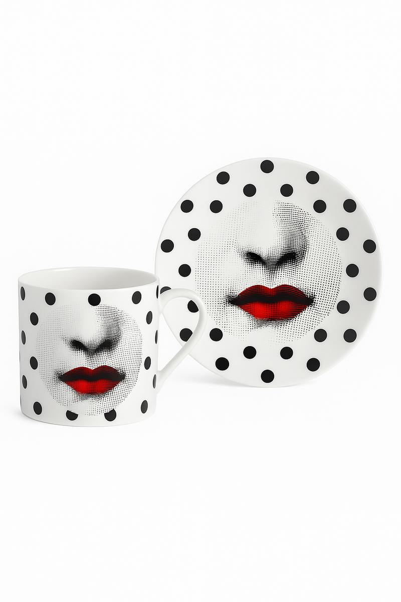 tasse porcelaine motif visage artistique avec soucoupe