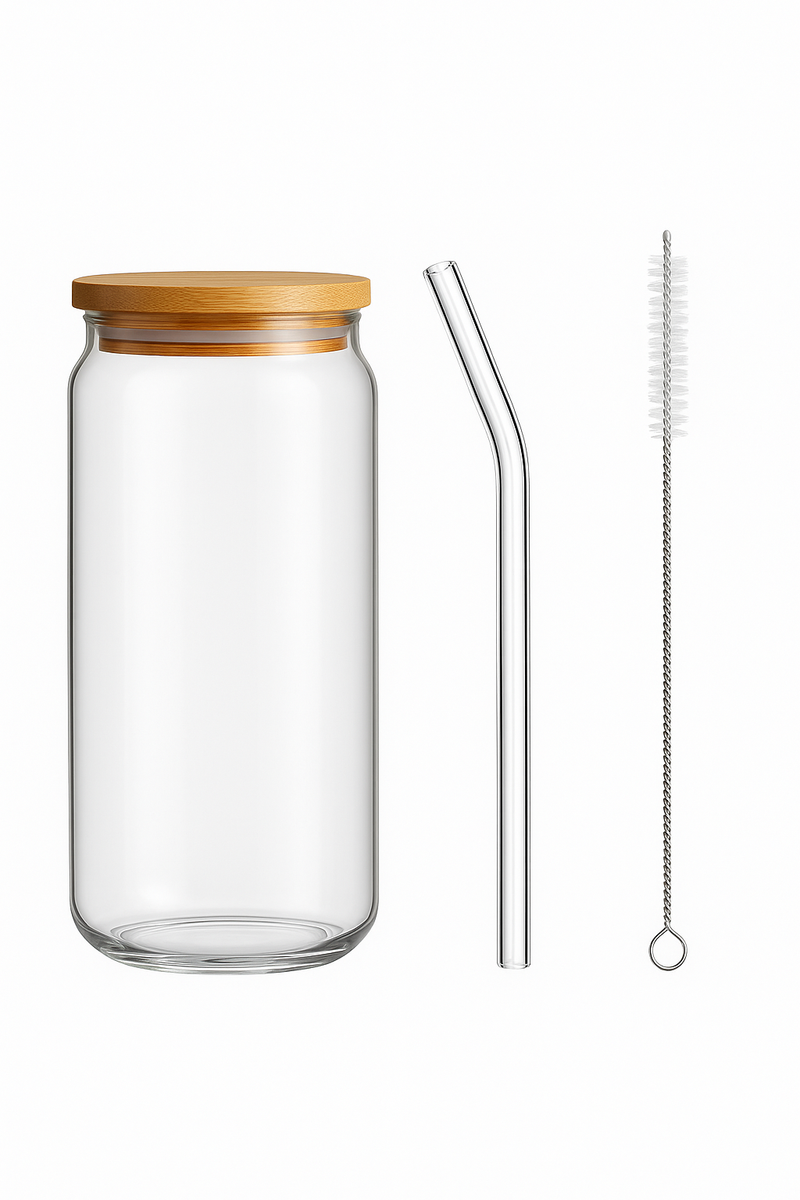 Tasse verre borosilicate forme canette couvercle bambou paille