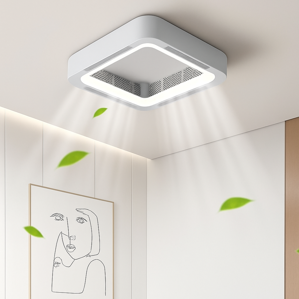 Weißer quadratischer Deckenventilator mit intelligenter App-Steuerung