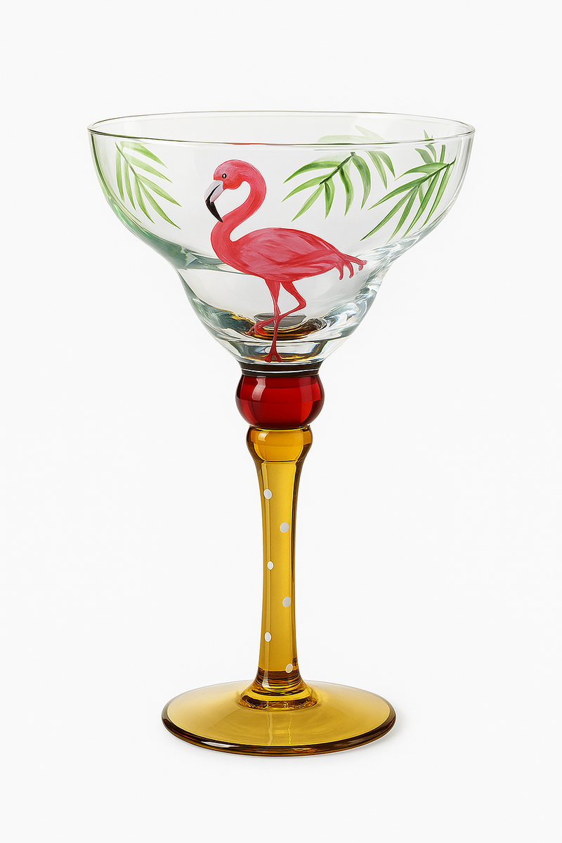 Verre cocktail margarita peint main motif flamant rayures