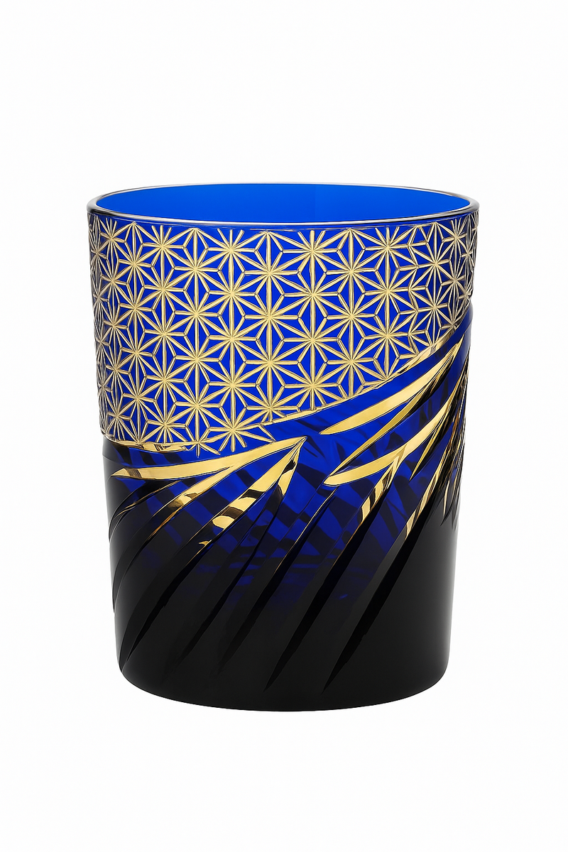 Verre whisky japonais edo kiriko gravé motifs géométriques