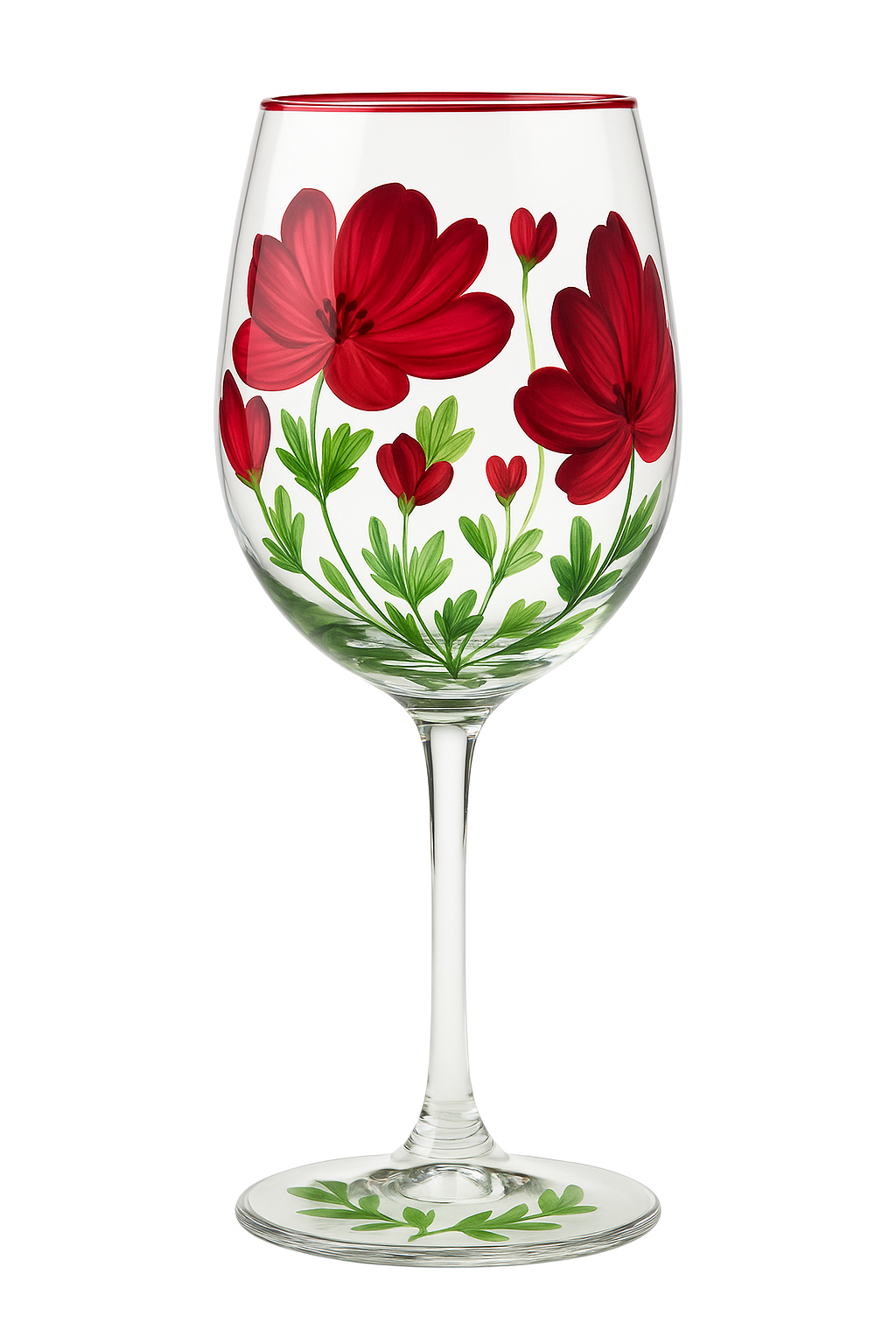 Verres vin haut motifs floraux dessinés main trio
