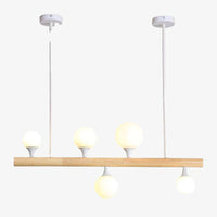 Lustre scandinave LED allongé en bois et boules en verre