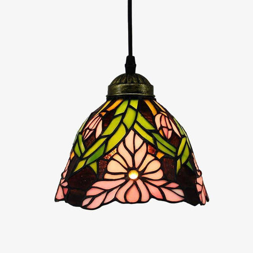 Suspension rétro à LED avec abat-jour verre aux motifs fleurs