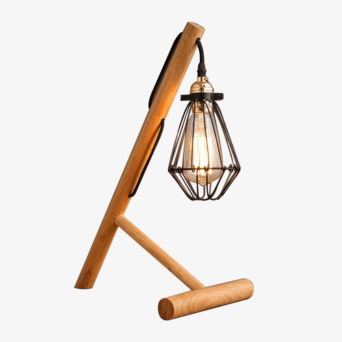 Lampe de bureau ou chevet avec pied en bois et lampe en cage métal