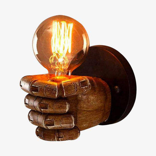 Applique murale en bois en forme de main avec lampe Edison