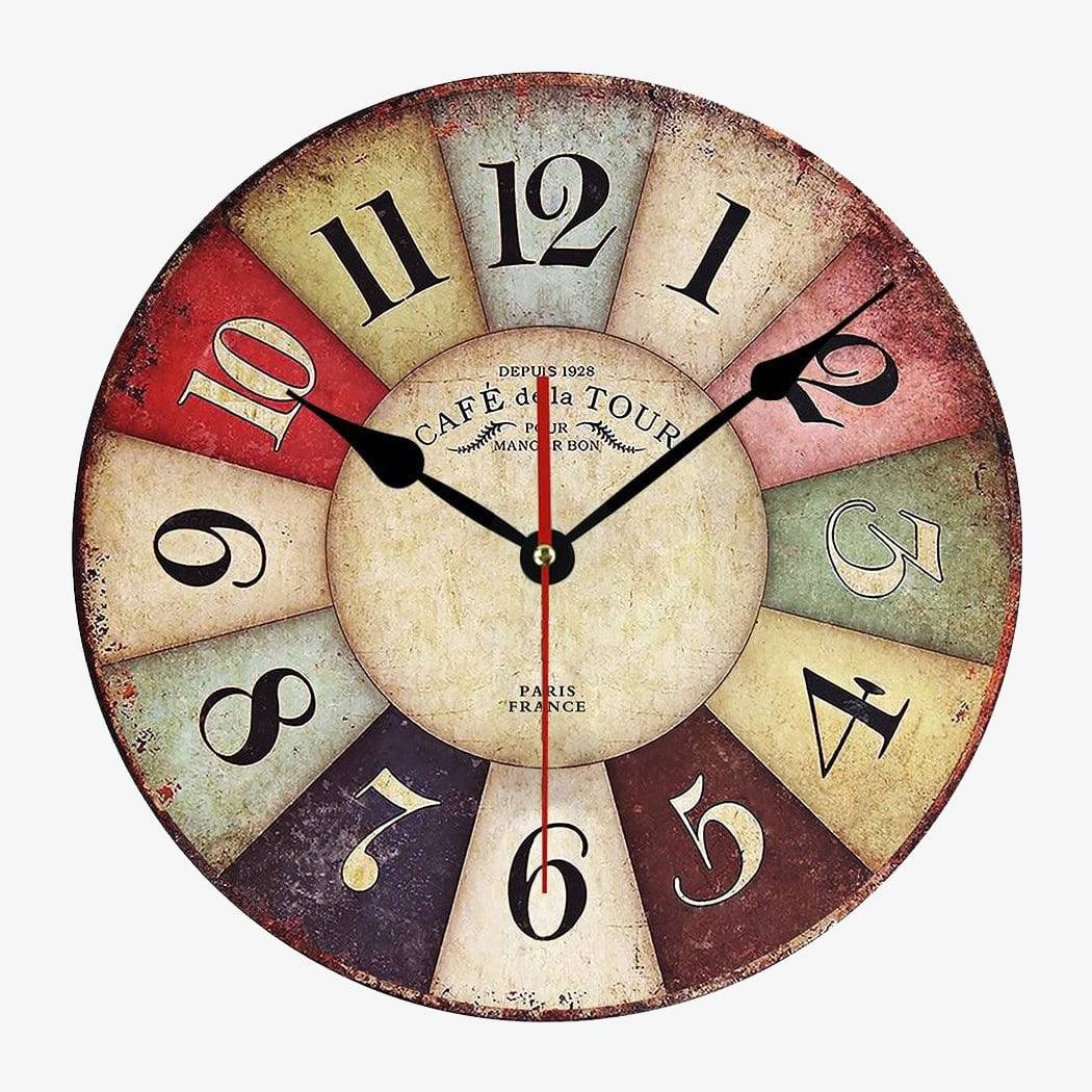Horloge murale ancienne ronde style vintage en bois Rustic