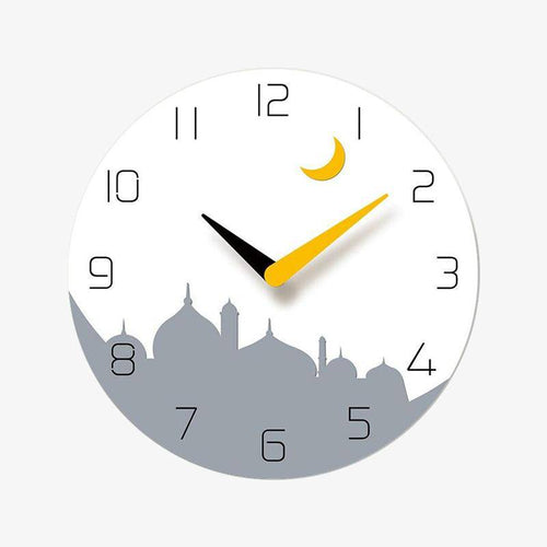 Horloge murale ronde avec dessin ville et lune jaune 30cm