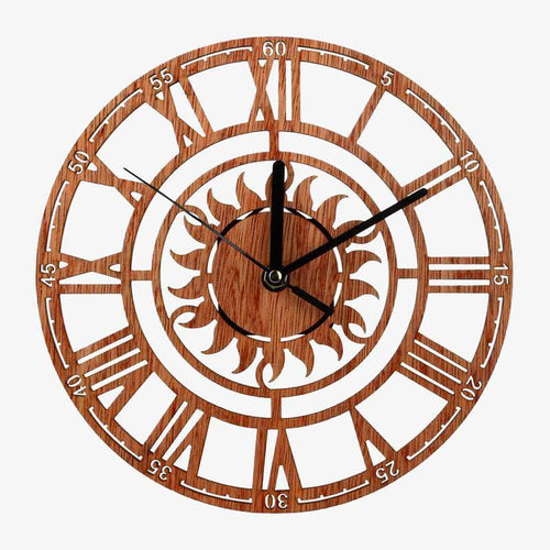 Horloge murale ronde en bois avec soleil et chiffres romains Novel