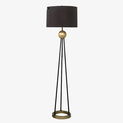 Lampadaire LED design trois pieds reliés avec boule doré et abat-jour tissu