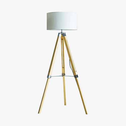 Lampadaire sur pied en tréteaux en bois ajustable avec abat-jour tissu