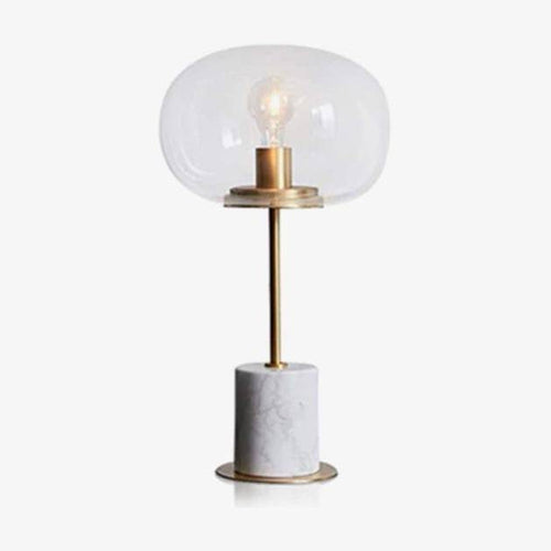 Lampe à poser design LED en marbre avec tige dorée et boule en verre
