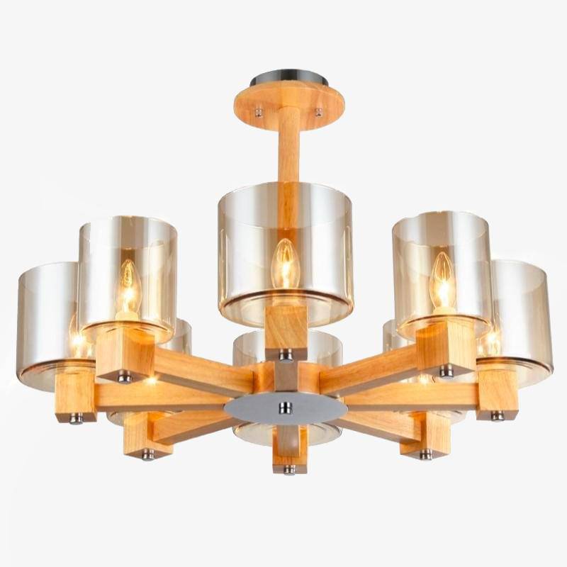 Lustre design en bois et abat-jour en verre