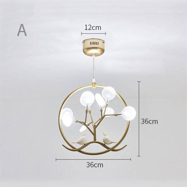 Lustre moderne avec arbre et oiseaux dans anneau Rhym