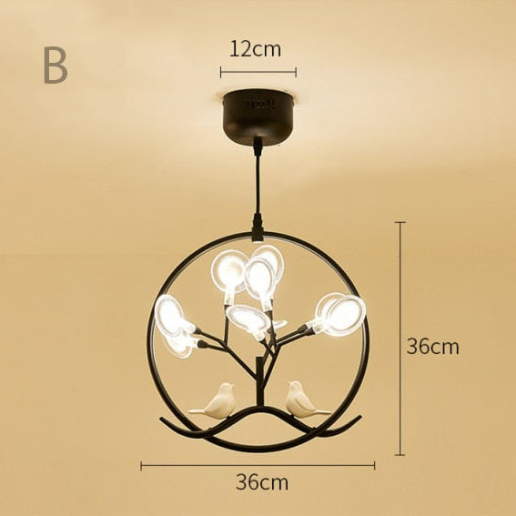 Lustre moderne avec arbre et oiseaux dans anneau Rhym