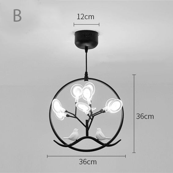 Lustre moderne avec arbre et oiseaux dans anneau Rhym
