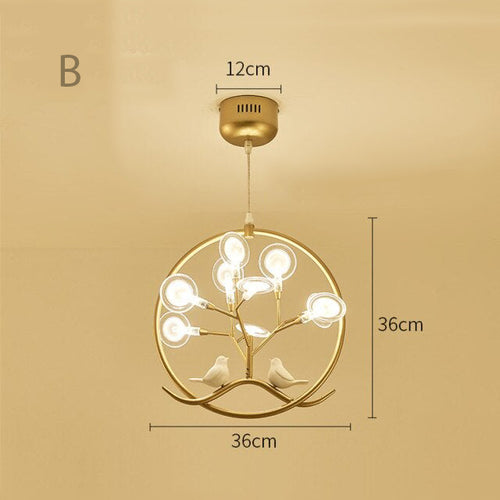Lustre moderne avec arbre et oiseaux dans anneau Rhym