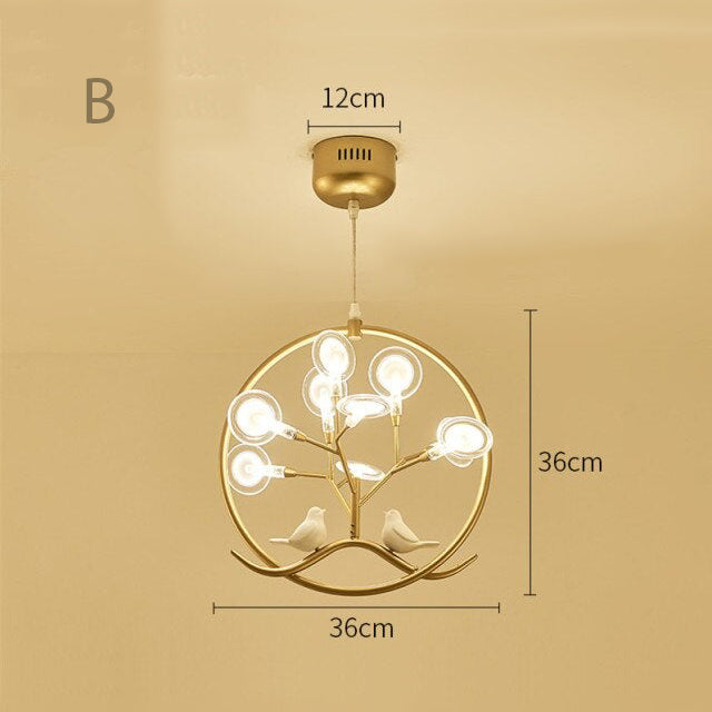 Lustre moderne avec arbre et oiseaux dans anneau Rhym